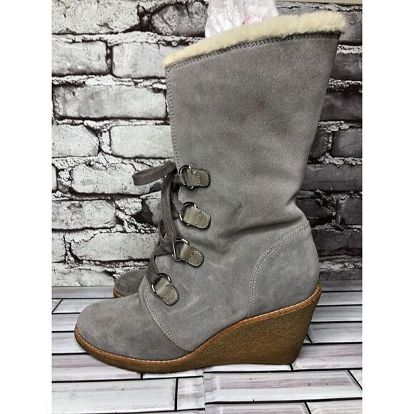 Cole Haan Waterproof Gray Suede Shearling Wedge Comfort Winter Boots Women Sz 9B - Picture 13 of 16